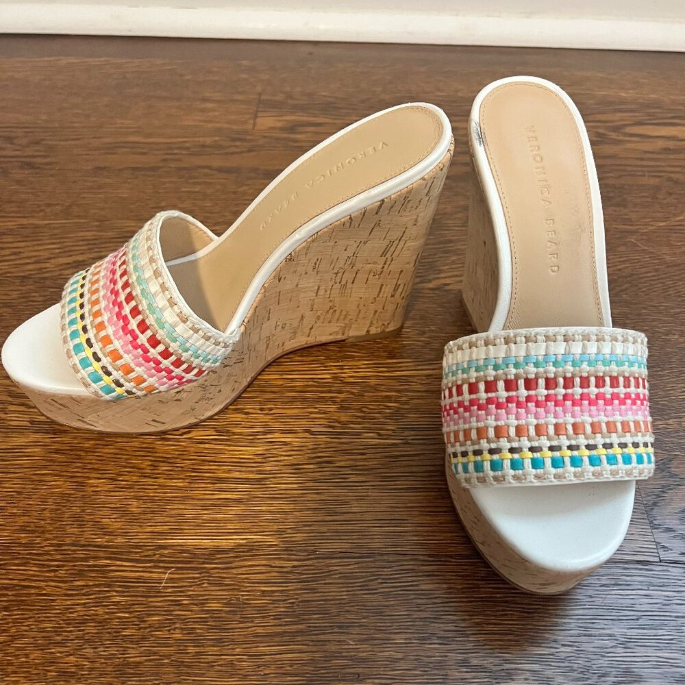 Veronica Beard Dali Raffia Woven Cork Wedge Sandals Snow White Multi Size 6M
